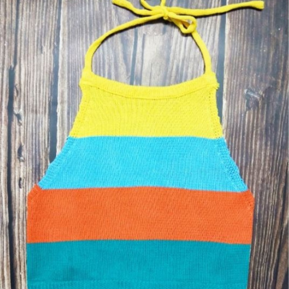 🌞 Crocheted Yellow Blue & Orange Tie Back Tank - Picture 4 of 8